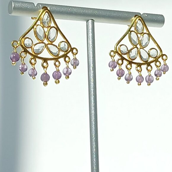 925 Sterling Silver 18K Gold Plated Chandelier Amethyst Earrings - Gift for Her - Picture 5 of 7